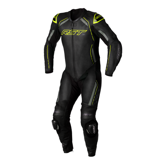 S1 CE Mens Leather Suit - Black / Grey / Flo Yellow